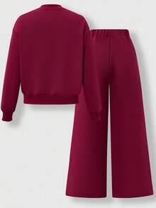 SHEIN Explorewe 2pcs/Set Tween Girls' Burgundy Baseball Collar Cardigan,Embroidered Letter Graphic,Button Closure,Large Pockets,Crease Pants,Autumn Casual School - Burgundy - View 2