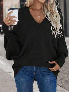 SHEIN PETITE Suéter holgado de mujer de unicolor con cuello en V y mangas de murciélago, para otoño/invierno - Negro - Ver 4