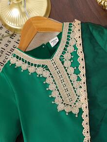 SHEIN 女婴中东传统风格短袖连衣裙+配套蕾丝披肩，舒适时尚，适合日常穿着，夏季 - 綠色 - 查看 4