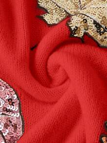 Linhara 大码女式纯色针织圆领枫叶亮片刺绣长袖常规优雅套头毛衣，秋冬款 - 紅色 - 查看 5