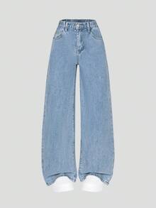 SHEIN ChillGRL Girls Y2K Vintage Washed Relaxed Straight Leg Jeans, Fashionable Casual Versatile - Light Wash - View 8