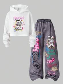 SHEIN ChillGRL Mädchen Lässiger Chic Cartoon Grafik Sweatshirt und passendes Cartoon Hosen Set - Weiss - Übersicht 4
