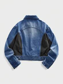ROMWE MEN Street Life Herren Herbst Kontrast Farbe Langarm Einreiher Lässig Denim Jacke mit Tasche - Blau - Übersicht 2
