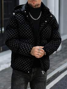 Manfinity CasualCool 男士几何图案拉链休闲连帽冬季外套 - 黑色 - 查看 5