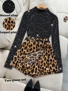 SHEIN Clasi Set da 2 pezzi da donna taglie forti, top a collo alto con paillettes nere e glitter, abbinato a gonna-pantaloncino in stampa leopardata a vita alta, adatto per feste, vacanze e uso quotidiano - Multicolore - Visualizzare 1