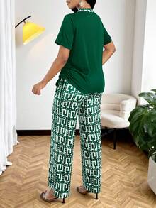 SHEIN Lady 女士休闲侧抽绳短袖上衣和印花长裤两件套，夏季 - 綠色 - 查看 2