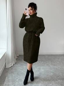 SHEIN Elenzya 女士纯色系带口袋优雅毛衣连衣裙 - 軍綠色 - 查看 1