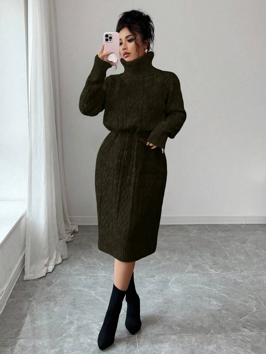 SHEIN Elenzya 女士纯色系带口袋优雅毛衣连衣裙 - 軍綠色 - 查看 1