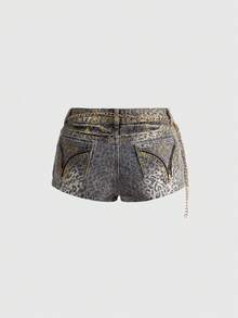 ROMWE Grunge Punk Y2K Leopard Print Metallic Rhinestone Chain Low-Rise Mini Denim Shorts - Multicolor - View 2