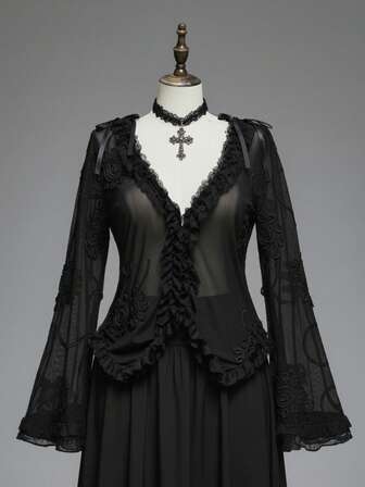 Goth Blusa oversize gotica e sexy in tessuto trasparente con maniche a campana ricamate
