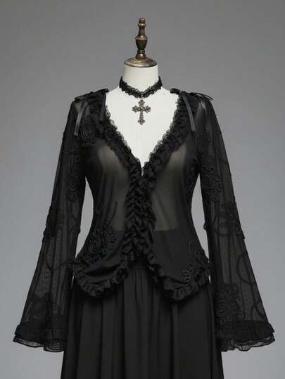 Plus Size Gothic Sexy Sheer Embroidered Flare Sleeve Top