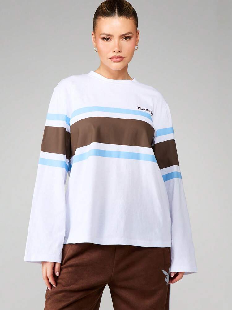 Missguided x Playboy Horizontal gestreiftes Langarm Lässig Crew Neck T-Shirt mit Relaxed Fit Farbblock Design, Herbst-Winter Garderobe Essentiell