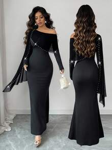 Rafferiza 这款女士露肩不规则网纱连衣裙饰有飘逸的珍珠装饰，紧身收腰，尽显曼妙身姿。它是一款优雅的派对礼服，也是一款时尚优雅的黑色紧身连衣裙，适合日常穿着、婚礼、宴会、通勤、毕业派对、节日庆典、度假、约会、聚会、万圣节、圣诞节、新年和感恩节等场合。 - 黑色 - 查看 7