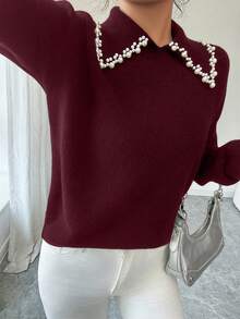SHEIN Elenzya Women's Autumn/Winter Aniusta Casual Top, Suitable For Vacation, Independence Day, Labor Day, Columbus Day, Thanksgiving, Valentine's Day, Vintage, Scandinavian, Korean Style, Elegant, Versatile, Student, Teacher, Gothic, Office, Business Casual, Back To School Season, Embellished Collar Black Knit Sweater - Burgundy - View 6