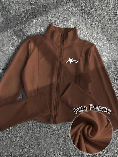 INAWLY Women's Brown Starry Print Lightweight Jacket, Casual Street Style Zip-Up Slim Fit Long Sleeve Coat, Autumn