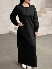 Modelyn Plus Size Women Casual Textured Fabric Round Neck Loose Long Sweatshirt, Green, Autumn/Winter - Black - View 5