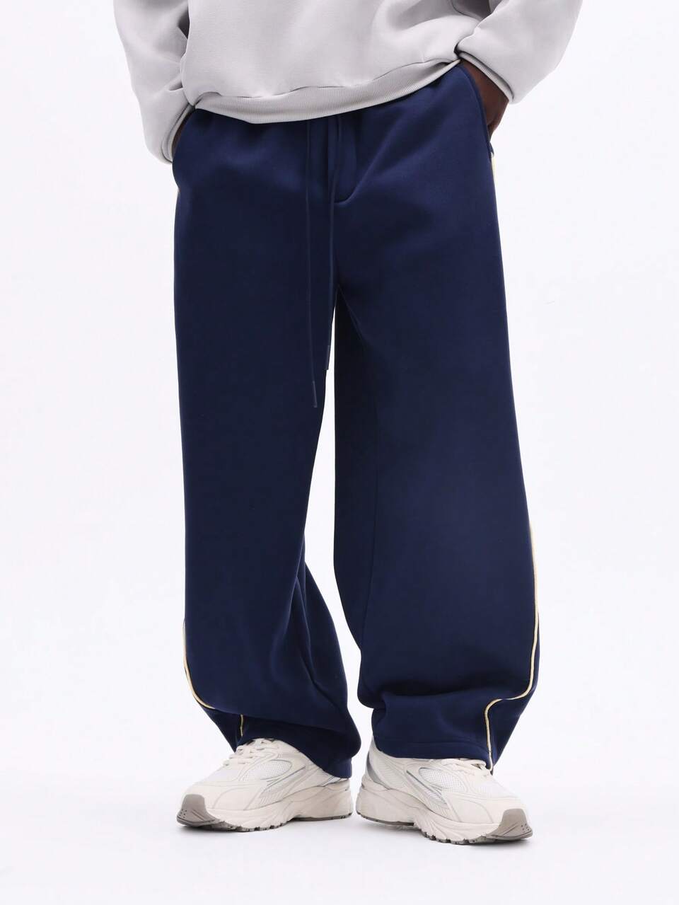 SUMWON Loose Fit Sweatpants With Vertical Brand Text Print And Side Stripe Details Casual Drawstring Waist Navy Pants With Elastic Cuffs
