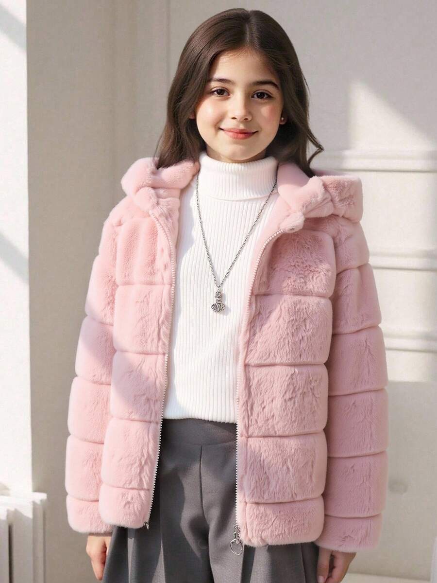 Tween Girl Fluffy Plaid Symmetrical Pattern Hooded Casual Versatile Jacket, Suitable For Daily Wear