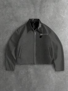 PAVTROS 男士休闲时尚街头撞色PU皮领拉链夹克，秋冬款 - 灰色 - 查看 3