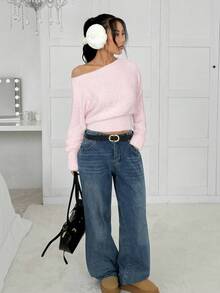 SHEIN EZwear 2025新款女士休闲柔软可爱浅粉色毛衣，纯色不对称领长袖套头衫，适合秋冬季、万圣节、圣诞节等场合穿着。 - 淺粉色 - 查看 4