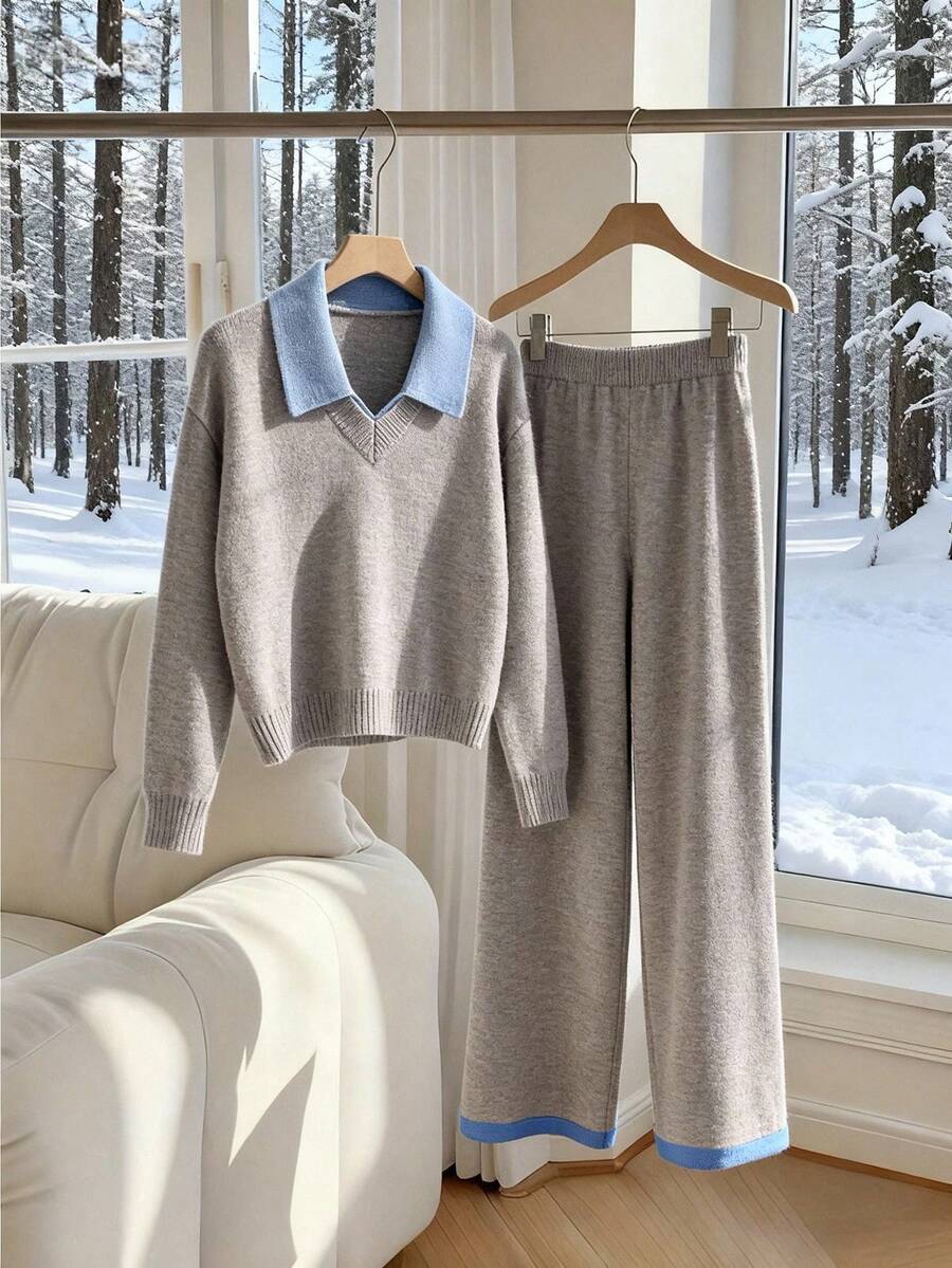 Franclia Bộ đồ dệt kim hai mảnh thu đông dành cho nữ, quần ống rộng 2 trong 1 ve áo màu tương phản, trang phục thường ngày và thoải mái - Màu Xám nhạt - Xem 1