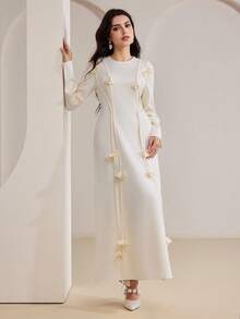 Veilorie 女士纯色休闲花卉装饰长袖阿拉伯风格连衣裙 - 杏色 - 查看 1