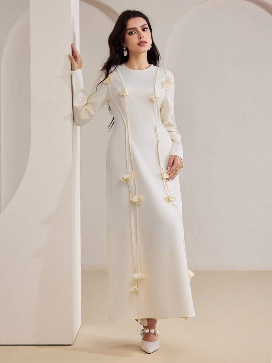 Veilorie 女士纯色休闲花卉装饰长袖阿拉伯风格连衣裙 - 杏色 - 查看 1