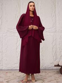 Al Najma 女士纯色喇叭袖宽松荷叶边下摆阿拉伯风格长款连衣裙 - 酒紅色 - 查看 7