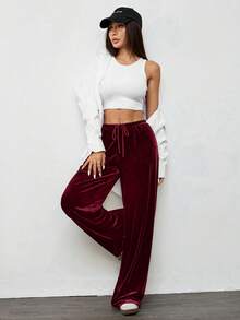 SHEIN EZwear 女式复古休闲宽松阔腿天鹅绒裤，酒红色，秋冬 - 酒紅色 - 查看 5