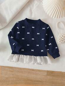 SHEIN Infant Girls' Fashion Embroidered Ruffle Hem Printed Sweatshirt