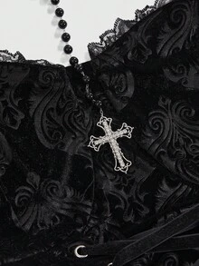 ROMWE Goth 大码哥特风复古毛绒连衣裙，奢华毛绒材质，流苏、皮草、蕾丝拼接喇叭下摆，秋冬哥特风大码女装，优雅奢华黑色大码连衣裙，适合派对、宴会、聚会等场合。 - 黑色 - 查看 4