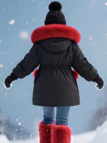 SHEIN Girls' Mid-Length Hooded Casual Pocket Faux Fur Solid Color Fleece Jacket, Winter - Burgundy - View 2