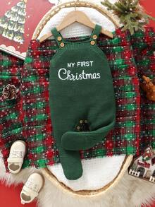 SHEIN 白色针织连体衣，婴儿款，无袖，饰有英文字母刺绣，新生儿连脚设计，休闲百搭。 - 綠色 - 查看 5