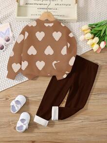 2 件套青少年女孩休闲圆领像素心形印花长袖运动衫和紧身裤套装，适合秋冬季 - 彩色 - 查看 3