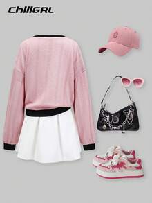 SHEIN ChillGRL Bộ áo nỉ dài tay họa tiết màu hồng và chân váy mini thường ngày cho bé gái tuổi mới lớn, mùa thu - Nhiều màu - Xem 2