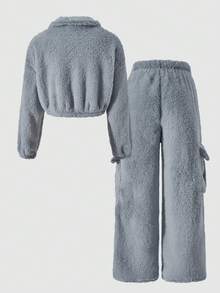 SHEIN ChillGRL 2pcs/Set Tween Girls Soft Fleece Turtleneck Jacket & Cargo Pants Set,Dusty Blue Winter Casual School Loose Street Style Autumn Outfits - Dark Grey - View 2