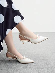 CUCCOO BIZCHIC 女士优雅尖头蝴蝶结镂空细高跟凉鞋，米色PU材质 - 米色 - 查看 1