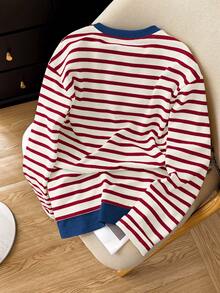 SHEIN 女士休闲宽松腊肠犬刺绣条纹圆领长袖上衣 - 酒紅色 - 查看 2