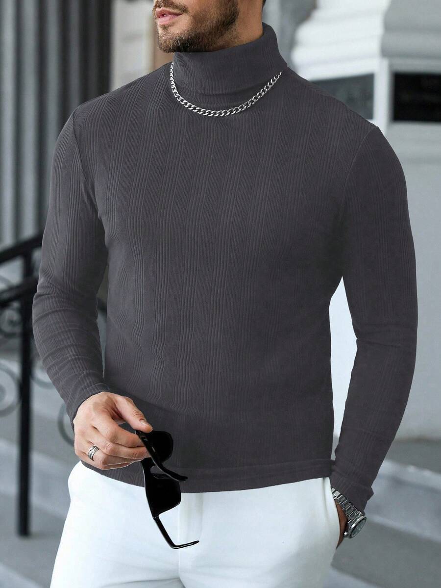 Manfinity CasualCool Men's Casual High Neck Long Sleeve T-Shirt, Autumn/Winter Men Sweater Top Men Turtleneck Shirts Summer Turtle Neck Men Men Knit Tops Mock Neck Men - Grey - View 1