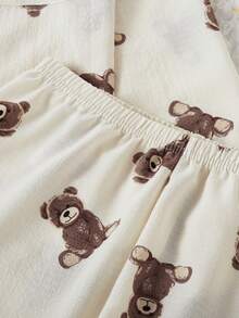 Sparklyn 2pcs Girls Beige Cute Bear Print Long Sleeve Cardigan And Pants Set, Casual And Comfortable Loungewear Bear Pajamas - Apricot - View 6