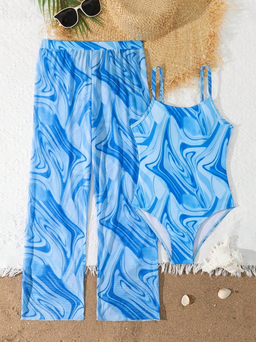 SHEIN Bộ đồ bơi liền thân 2 mảnh in họa tiết màu xanh dễ thương cho bé gái tuổi mới lớn, đồ bơi thời trang, giản dị & kín đáo, thích hợp đi biển, bơi lội, nghỉ dưỡng, mùa hè