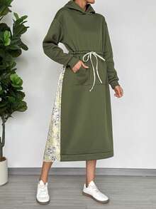 SHEIN LUNE 女士宽松休闲卫衣连衣裙，撞色拼接印花设计，适合秋冬季穿着 - 軍綠色 - 查看 3