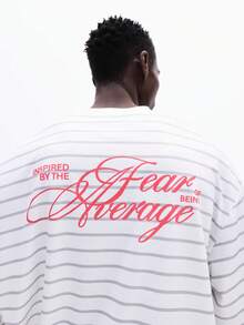 SUMWON Áo thun nam tay dài dáng croptop kẻ sọc in chữ tương phản ở lưng, khẩu hiệu Fear Average, phong cách thường ngày đầy cảm hứng - trắng - Xem 1