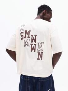 SUMWON Áo thun cotton cổ tròn tay ngắn dáng ôm vừa vặn dành cho nam, in logo toàn bộ lưng, thường ngày mùa hè - Màu be - Xem 5