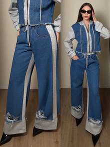 Jeanoix Women's Drawstring Waist Pocket Distressed Wide Leg Loose Casual Jeans - Blue - View 1