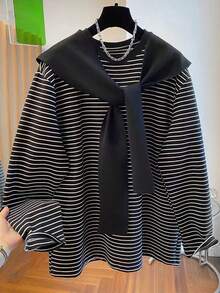 SHEIN Maglione poncho a maniche lunghe da donna casual, vintage, minimalista, romantico, a blocchi di colore e righe, taglie comode - Bianco e nero - Visualizzare 1