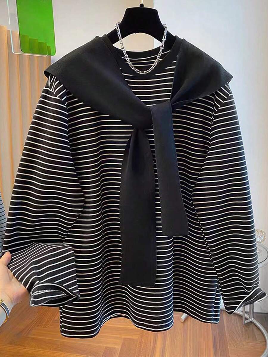 SHEIN Maglione poncho a maniche lunghe da donna casual, vintage, minimalista, romantico, a blocchi di colore e righe, taglie comode - Bianco e nero - Visualizzare 1