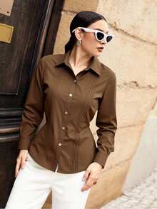 Seusyu Elegant Commuter Collared Pleated Long Sleeve Loose Blouse For Women, Spring/Autumn - Brown - View 2