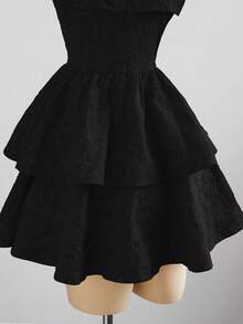 Elamini Women's Jacquard Fabric Tie Shoulder Knot Waist Splice Ruched Double-Layer A-Line Mini Dress - Black - View 4