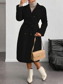 Juhart Plus Size Solid Color Minimalist Long Sleeve Overcoat, Everyday Wear - Black - View 5